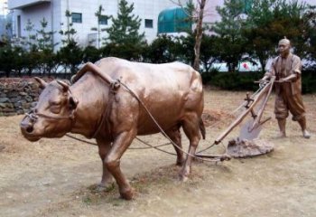 农耕牛雕塑厂家 仿铜色效果 不锈钢农耕牛雕塑定制