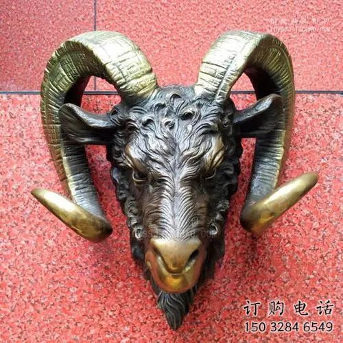 仿古羊头雕塑厂家 户外宾馆小品 玄关彩绘羊头雕塑