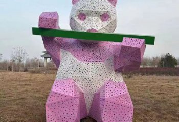 镂空大熊猫雕塑厂家 现代抽象摆件 草地切面大熊猫雕塑
