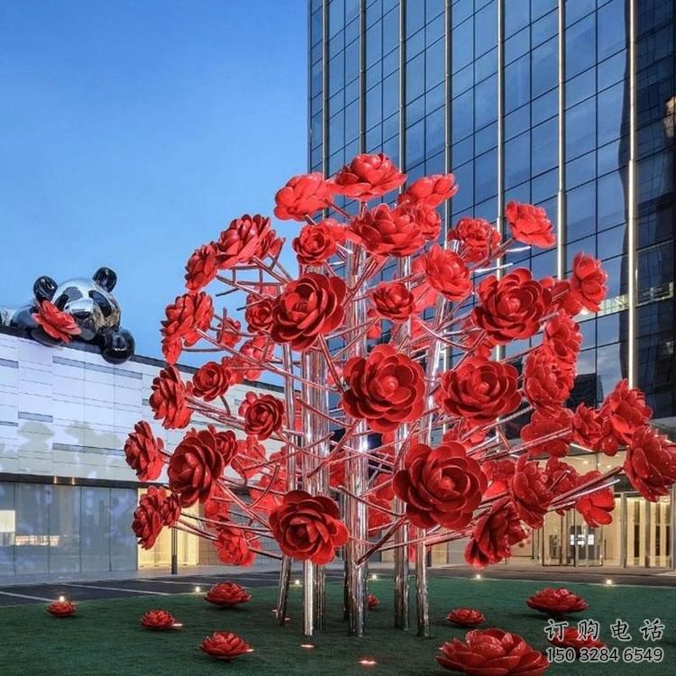 现代玫瑰花雕塑厂家 大型别墅区摆件 烤漆不锈钢玫瑰花雕塑厂