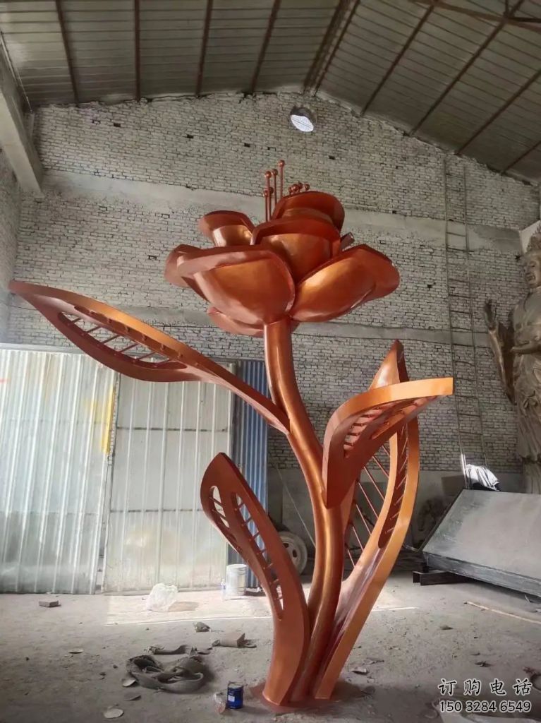 喷漆月季花雕塑厂家 中式村口小品 大型不锈钢月季花雕塑定制