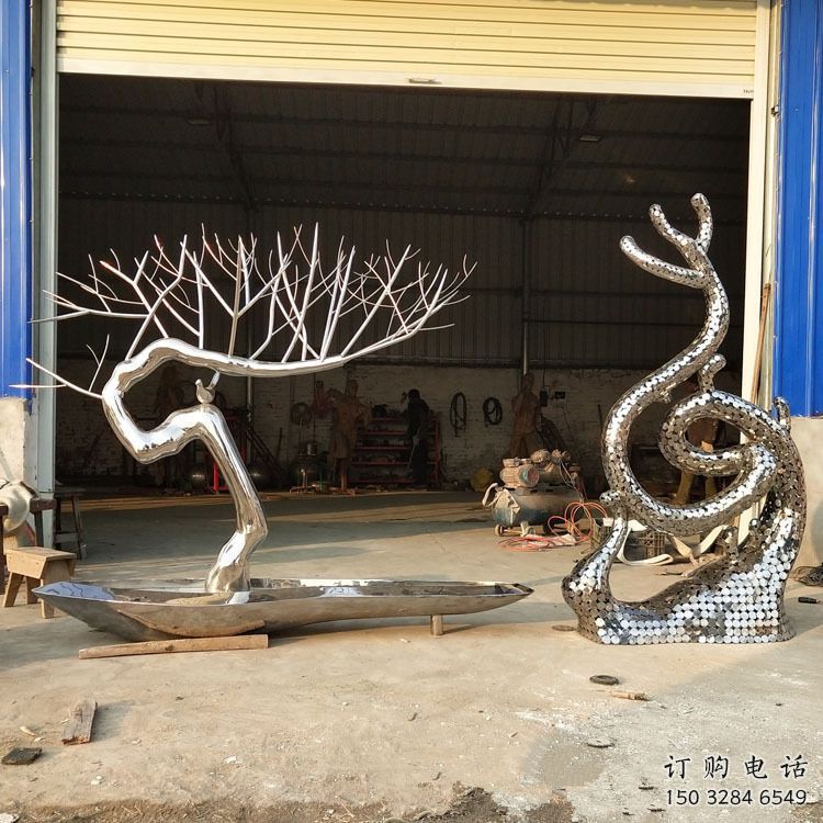 异形迎客松雕塑厂家 现代小品 公园不锈钢迎客松雕塑厂