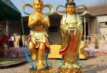 中式金童玉女雕塑厂家 烤漆小品  镀金金童玉女雕塑