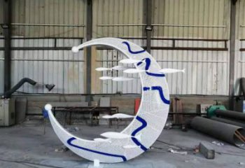 青花瓷月亮雕塑厂家，铁艺文化雕塑，铸造制作