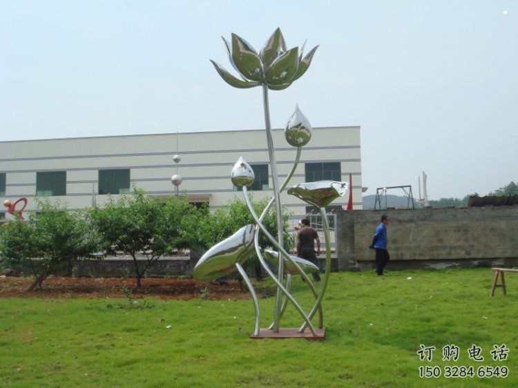 镜面荷花雕塑，不锈钢植物雕塑，景观美陈摆件