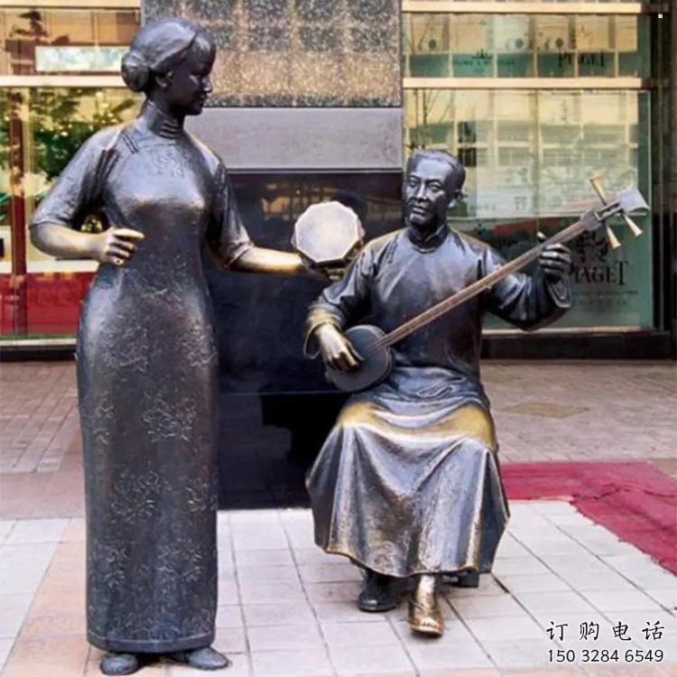 拉二胡雕塑观赏型，公园小品，别墅民俗人物雕塑生产商