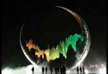城市月牙雕塑，网格体育雕塑，古铜效果