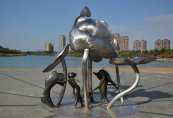 城关莲蓬嬉戏雕塑，城市植物景观雕塑，不锈钢镜面效果